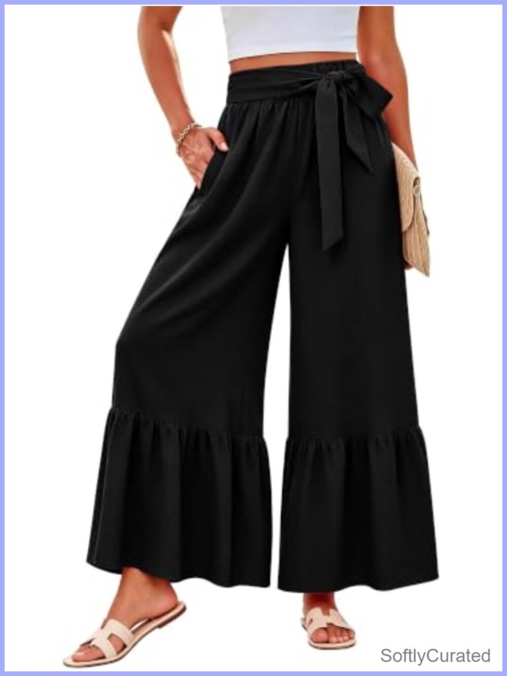 KISSMODA Women's Wide Leg Palazzo Pants Ruffle Hem Flowy Beach Trousers Pockets